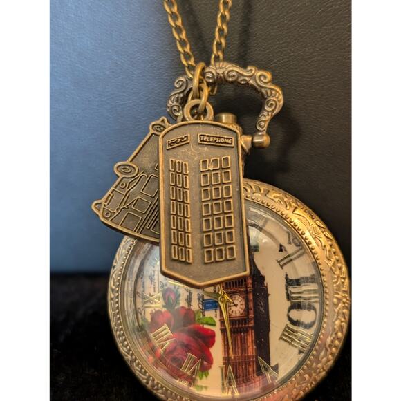 Paris Antiqued Bronze Retro VTG Style Steampunk Quartz Open Face Charm Necklace - Picture 3 of 6
